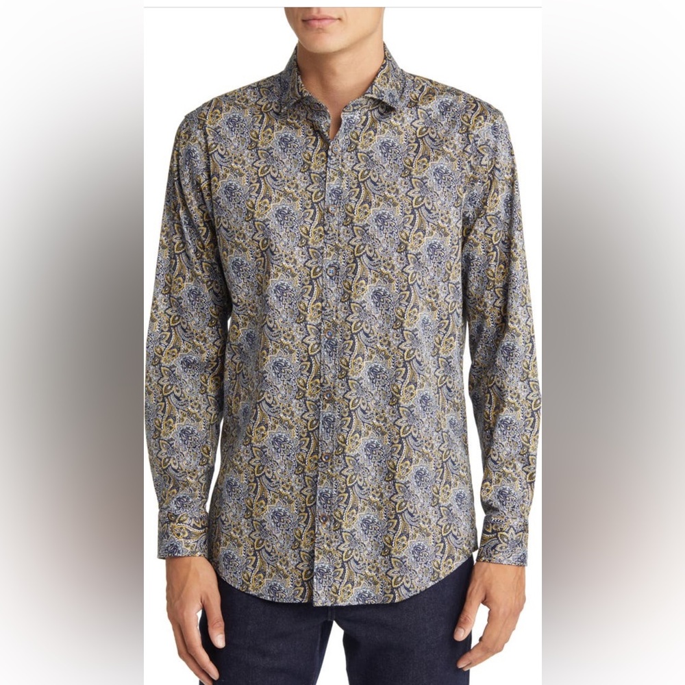 NWT BRAX Navy Harold Paisley Print Stretch Cotton Shirt Size Small